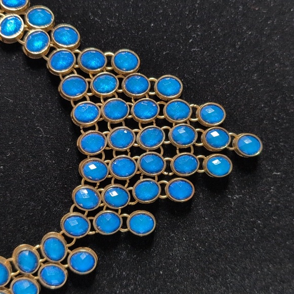 Bold Rich Blue Statement Bib Necklace Gold Tone Multi Stone Layered Choker - Picture 2 of 7